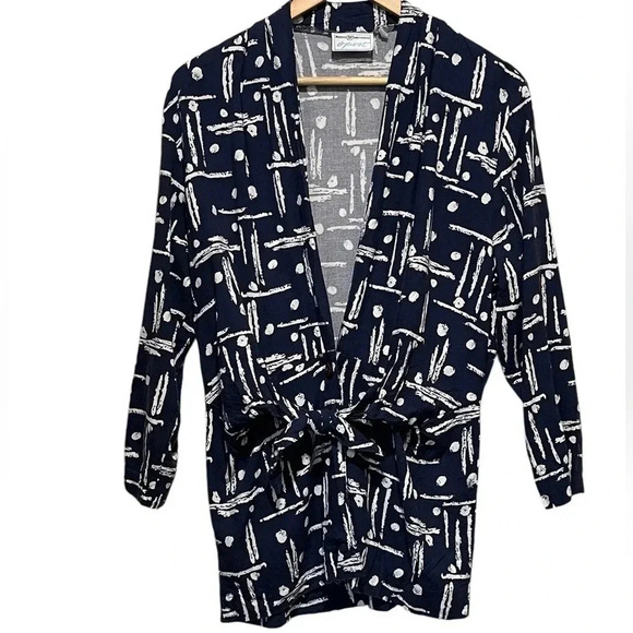 Vintage 80s Abstract Print Blue Kimono Maggie Lawrence Cardigan Womens Medium - Picture 1 of 9